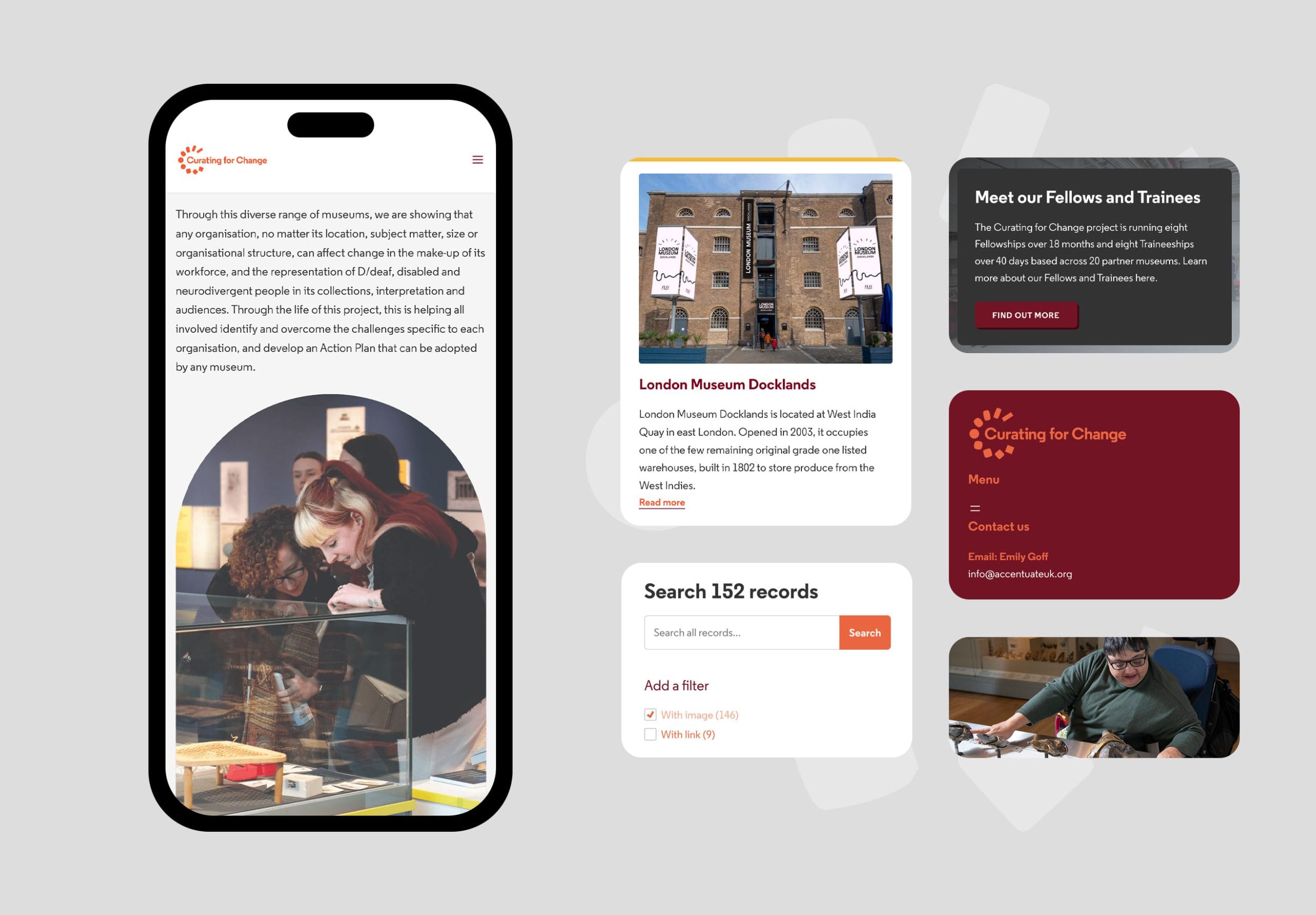 A mockup of the curating for change website on mobile devices