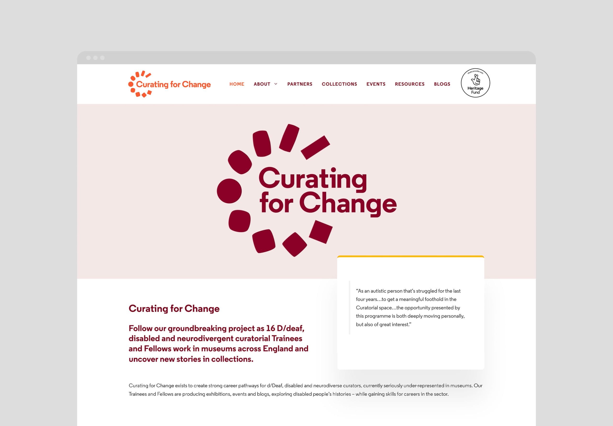 A mockup of the curating for change website home page