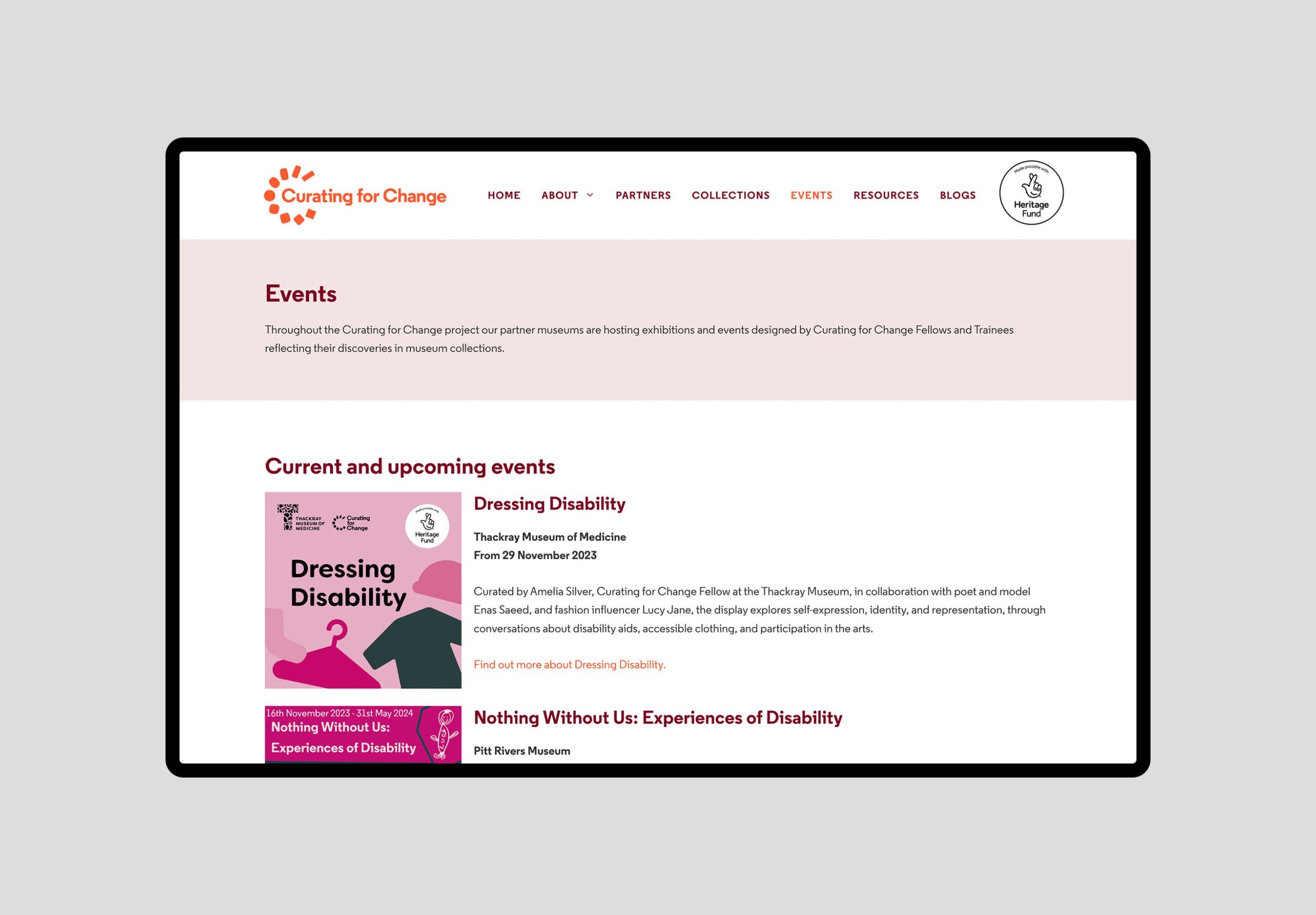 A mockup of the curating for change events page
